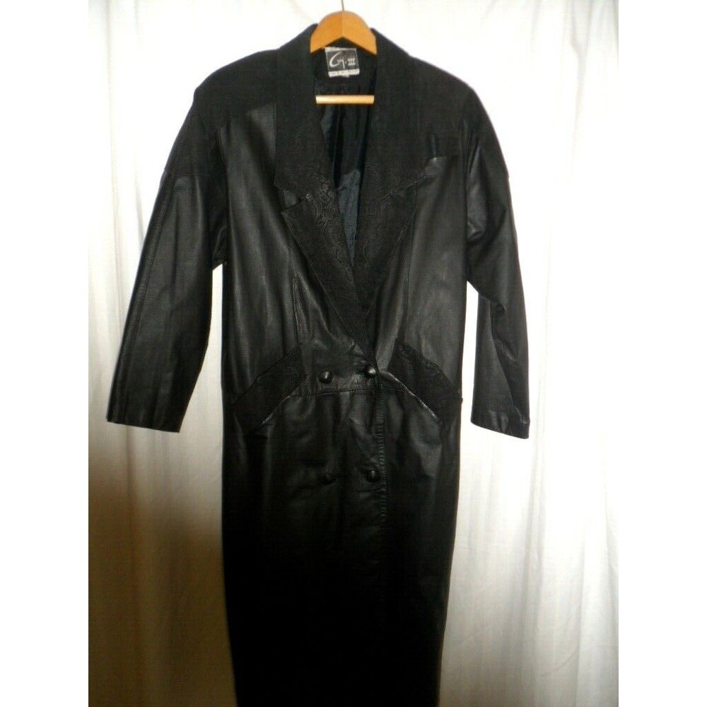 G-III Leather Coat Black Women's Small VTG 80's Double Breasted Long